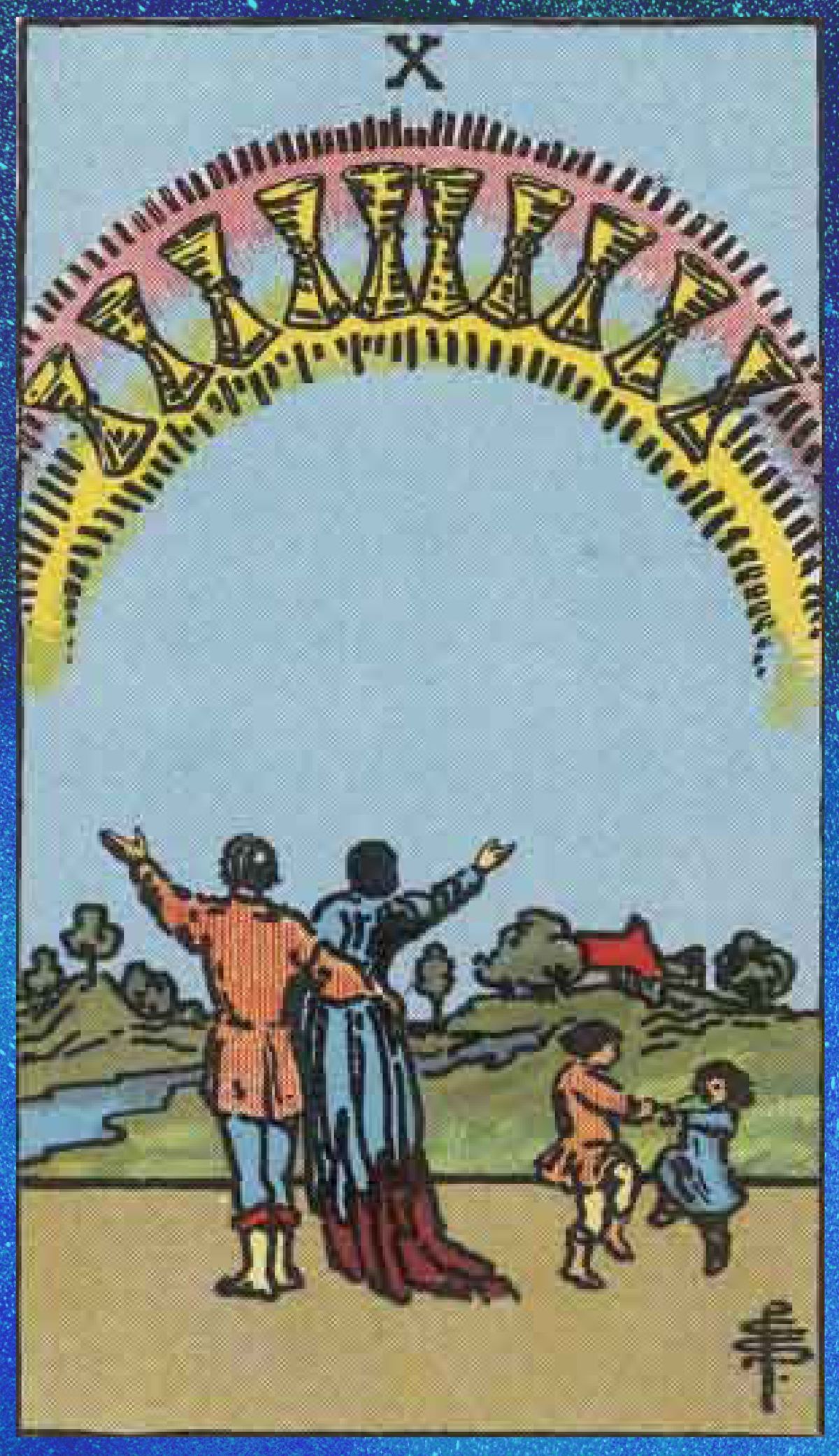 Bilden kan innehålla människoperson konstprydnad och gobeläng tio av koppar tarotkort