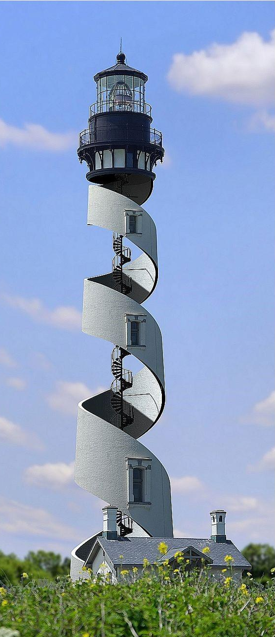 Escalera sinuosa dentro de un faro