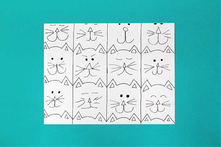   Papier gefüllt mit Katzentessellationsumrissen und -gesichtern