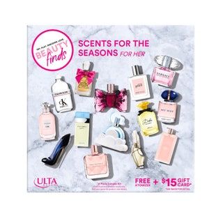 En låda med Ulta Scents For The Seasons For Her Sampler Kit på vit bakgrund