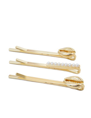 Bobby Pins aus Gold mit Muschel und Perle 3er-Pack