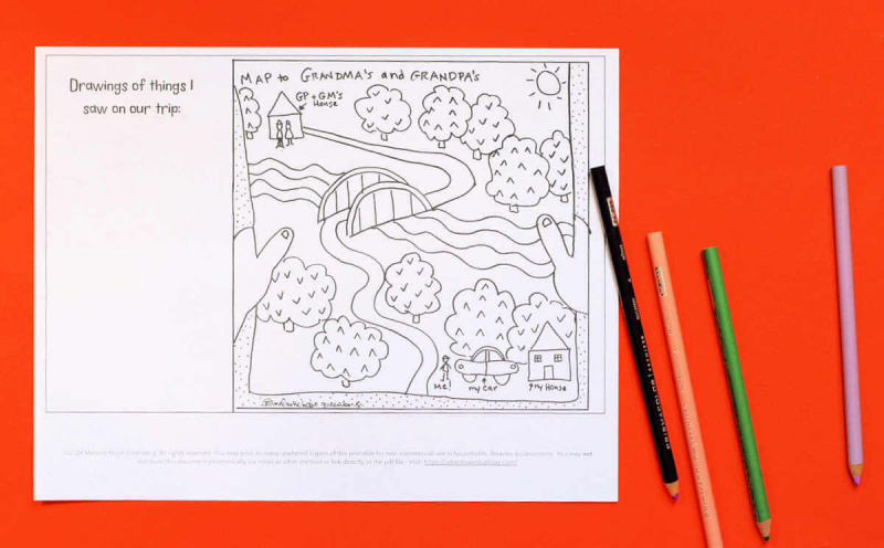  Página para colorear de viaje por carretera sin color que muestra un camino a través de árboles y un puente de una casa a otra con cuatro lápices de colores junto a una hoja para colorear sobre un fondo naranja.