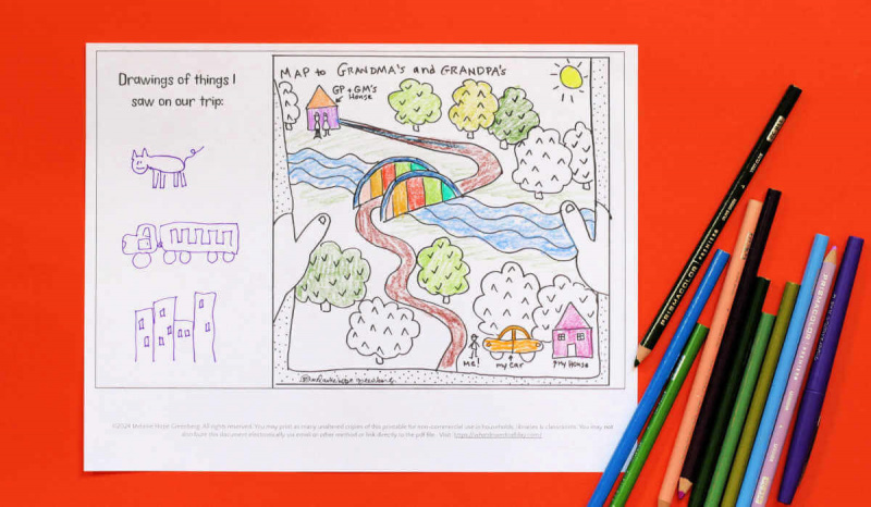  Página para colorear de viaje por carretera que muestra un camino a través de árboles y un puente de una casa a otra con un grupo de lápices de colores junto a una hoja para colorear.