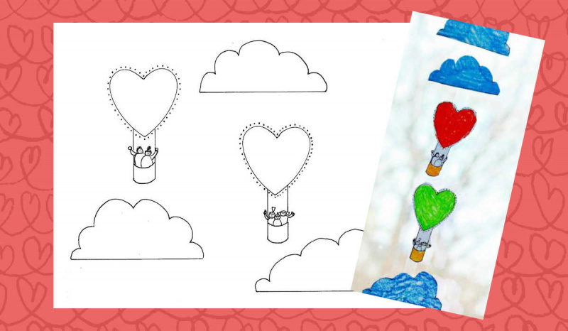   Página para colorear con dos globos de aire caliente en forma de corazones con un inserto de fotos del proyecto de arte móvil completado.