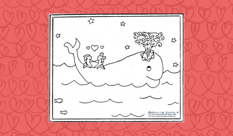   Página para colorear de dos peces sentados en una ballena en el océano.