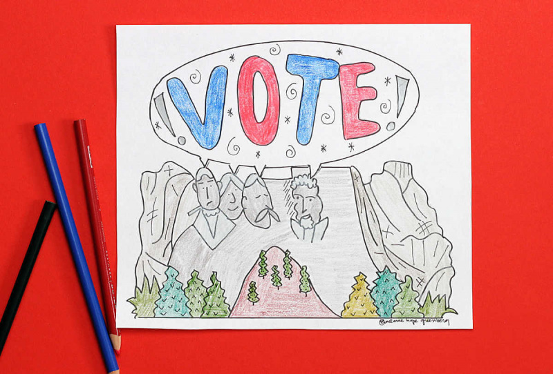 Valdagen målarbok med illustration av figurer på Mount Rushmore som säger,"VOTE!", and three colored pencils.