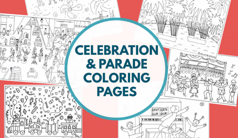   Collage de páginas para colorear con temas de celebración con superposición de texto."Celebration & parade coloring pages."