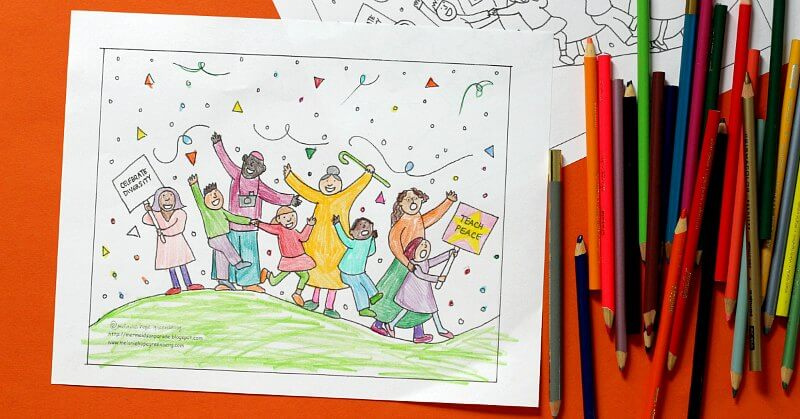   Página para colorear de paz y diversidad terminada para niños.
