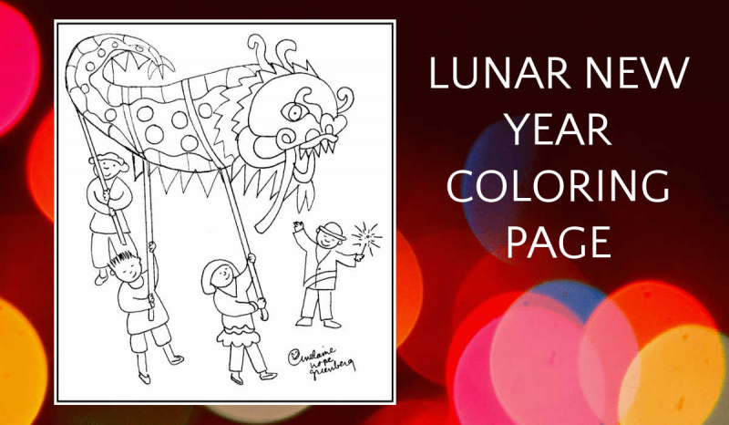  Página para colorear del dragón del Año Nuevo Lunar sobre fondo bokeh.