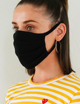 modell bär svart ansiktsmask