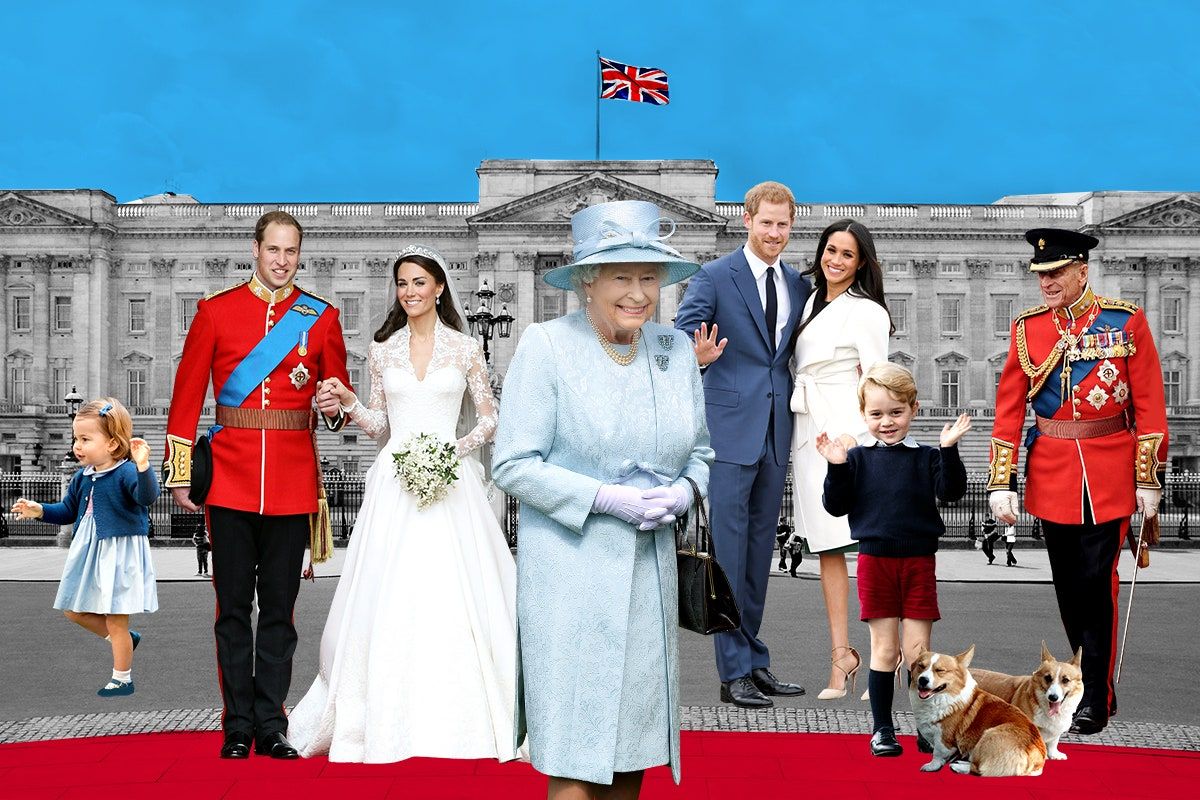 La imagen puede contener al Príncipe Harry Príncipe William Duque de Cambridge Príncipe George de Cambridge Isabel II y Human