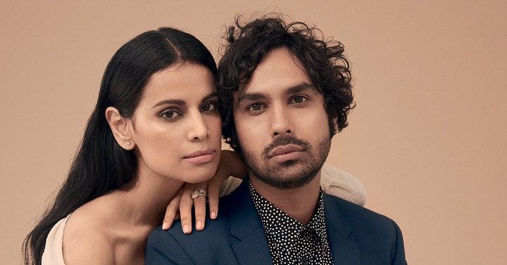 この画像には、Kunal Nayyar Neha Kapur Human Person Suit Coat Clothing Overcoat Apparel Face andManが含まれている可能性があります