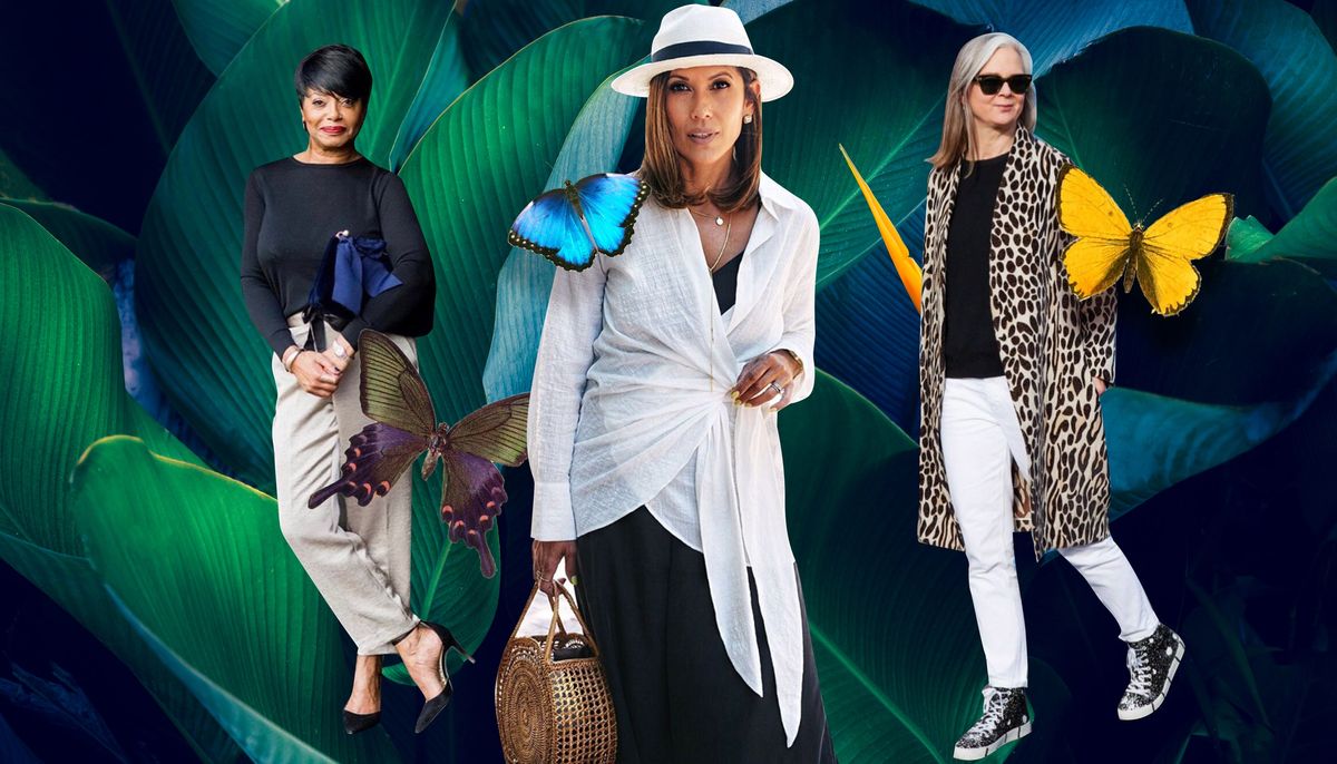 imagen de moda de la menopausia con tres mujeres con trajes elegantes