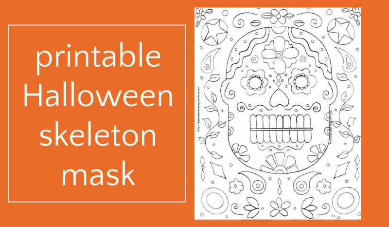  Página para colorear de máscara de esqueleto de Halloween imprimible antes de agregar color
