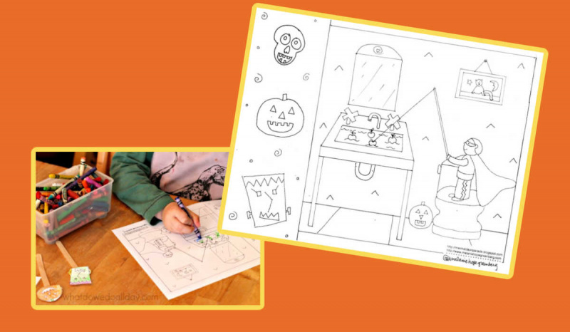   Página para colorear de Halloween de un niño pescando manzanas en un fregadero con una calavera, una calabaza y una cabeza de monstruo en el margen.