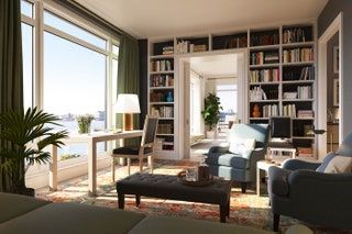 La imagen puede contener muebles, sala de estar, interior, silla, diseño de interiores, librería, sofá, estantería y mesa