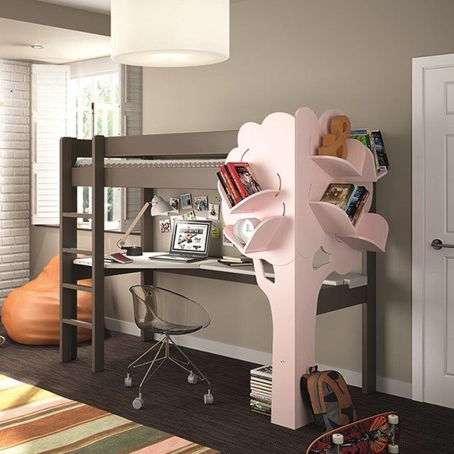 Cama para niños con cama alta con escritorio y biblioteca en forma de árbol