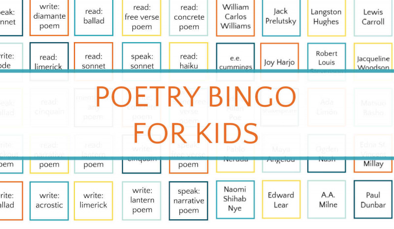 Grafik von Bingoquadraten mit Textüberlagerung, Poesie-Bingo für Kinder.