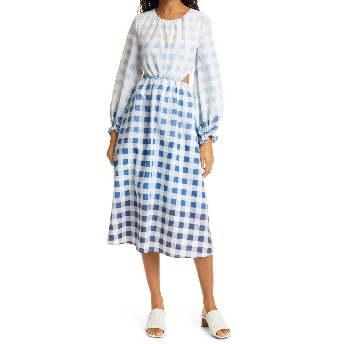 Vestido a cuadros vichy ombré manga larga hasta la rodilla azul