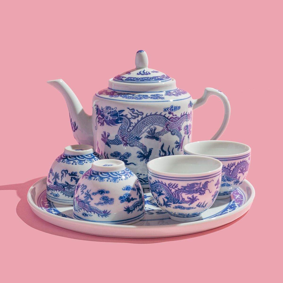 juego de té azul y blanco