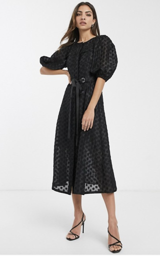 Vestido midi de organza con mangas abullonadas y cinturón de Asos Design