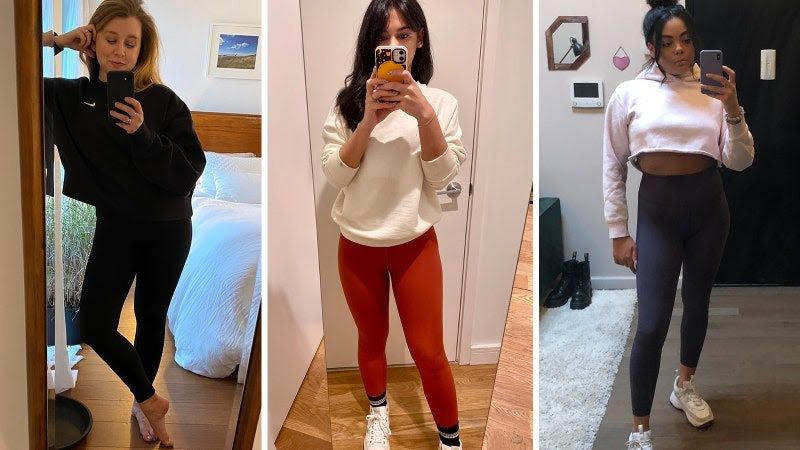 Tri ženske, ki nosijo pajkice Everlane Perform