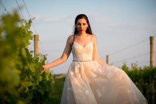 画像には、衣料品アパレルイブニングドレスガウンローブファッションウェディングガウンウェディング女性人間と人が含まれる場合があります